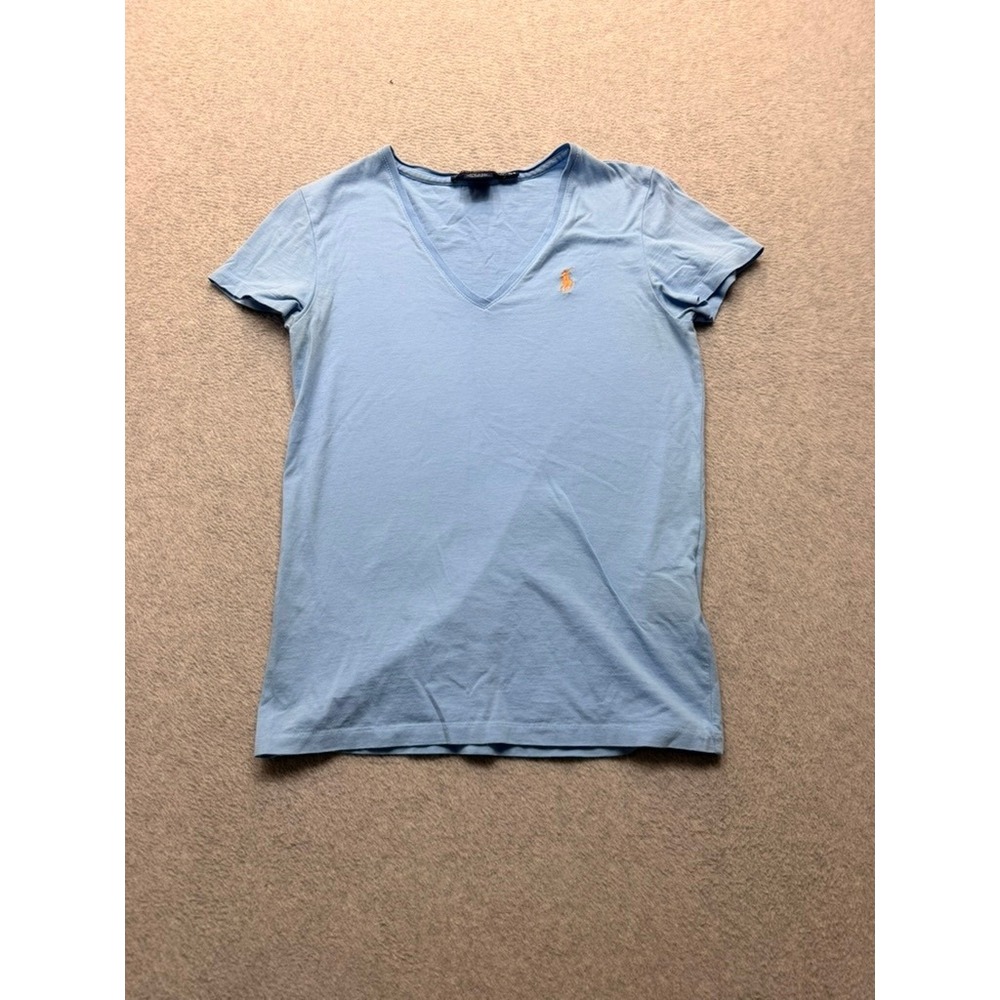 Ralph Lauren Sport Light Blue Pima Cotton V-Neck Pony Logo Tee Shirt Womens XS